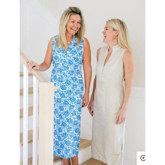 Sail To Sable Linen Blend Midi Dress Rose Floral Blue Resort Cottage XXS NWT - Picture 4 of 16